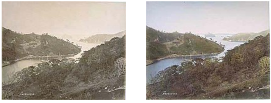 Monochrome photo (left) and Hand-colored version (right) by the Japan Photographic Association (1876-1885)